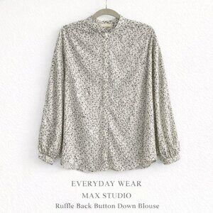 Max Studio Ruffle Back Button Down Blouse Black Floral Cream XL Long Sleeve